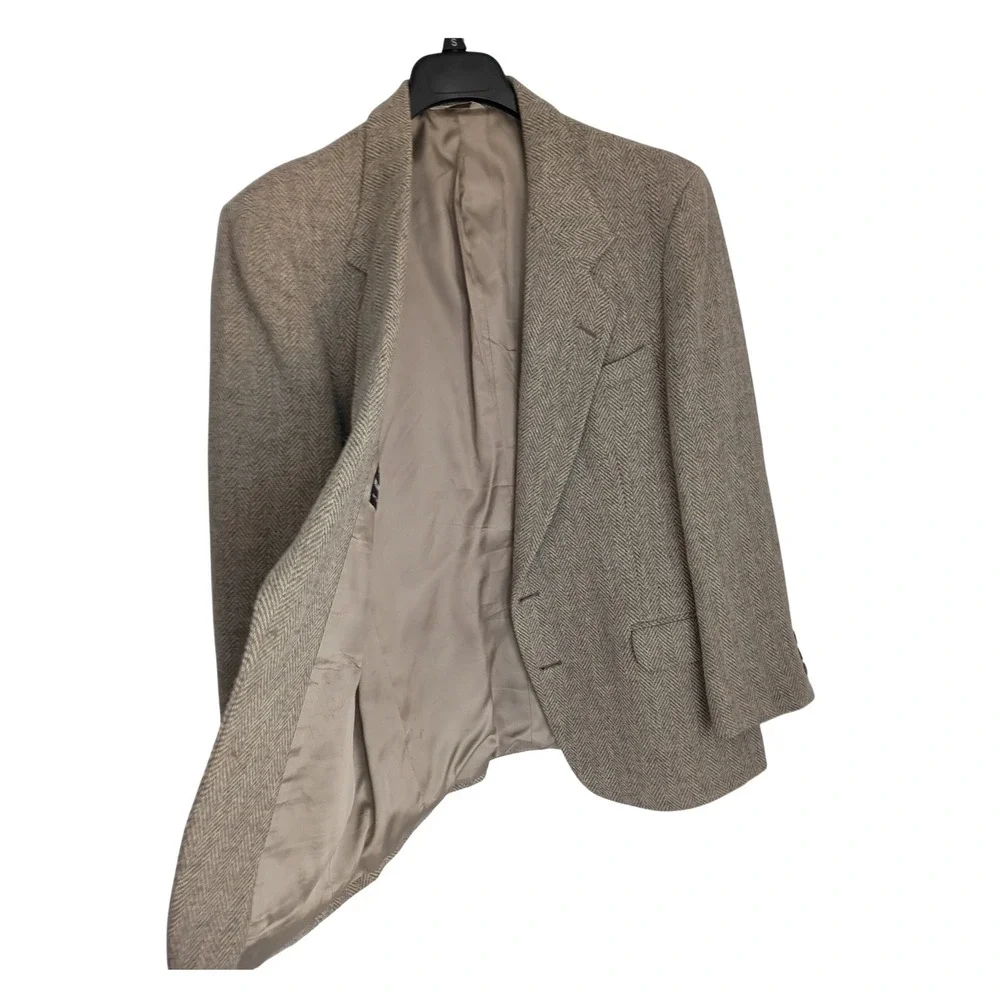 DellaPenna Mens 100% Pure Wool Herringbone Tweed Blazer Tan Brwn Made in USA 42S